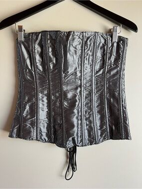 Tessa Black Silver Satin Corset Bustier Size 36 Lace Up Boned Gothic Y2K Medium